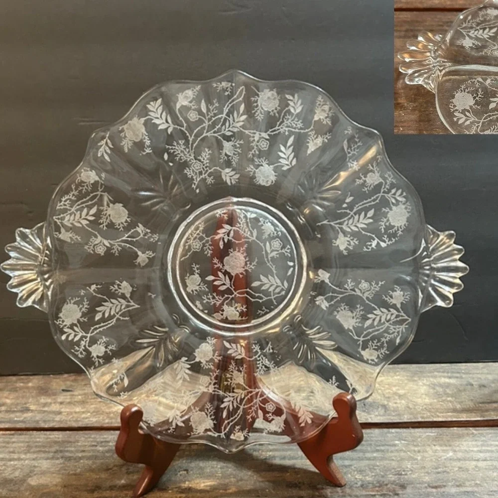 Fostoria Chintz Baroque Glass Floral Clear Dessert Plate Platter Vtg Decor MCM
